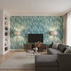 Maverick Spa Blue | Thibaut Wallcoverings - Living Room Visualization (AI-generated, may not be to scale. Verify pattern scale with product specifications.)