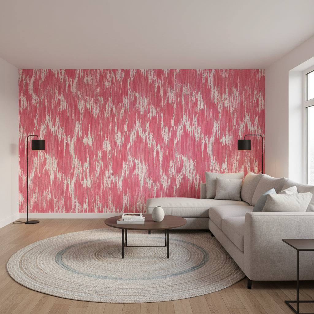 Maverick Pink | Thibaut Wallcoverings - Living Room Visualization (AI-generated, may not be to scale. Verify pattern scale with product specifications.)