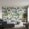 Mystic Garden Blue and Green | Thibaut Wallcoverings - Living Room Visualization (AI-generated, may not be to scale. Verify pattern scale with product specifications.)