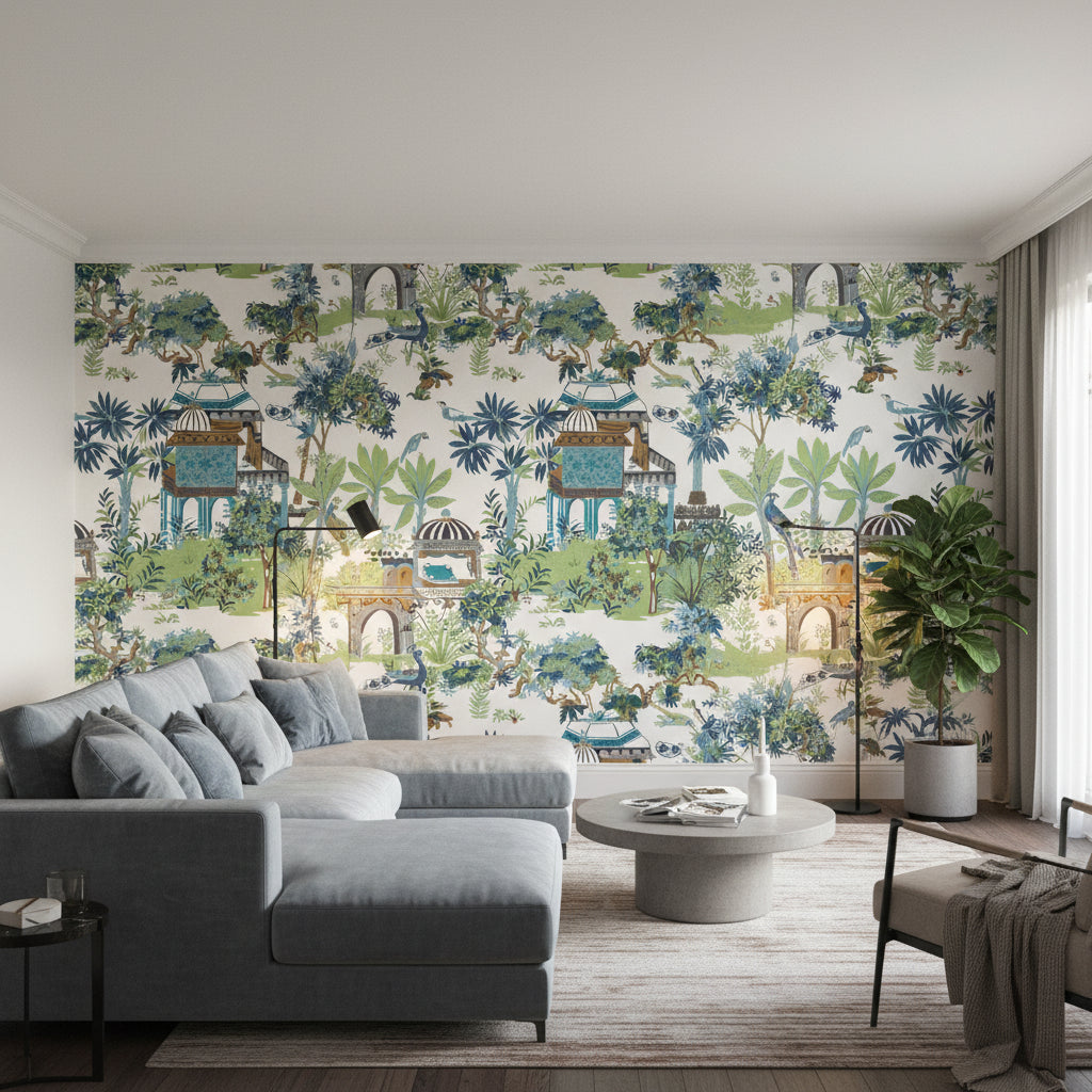 Mystic Garden Blue and Green | Thibaut Wallcoverings - Living Room Visualization (AI-generated, may not be to scale. Verify pattern scale with product specifications.)