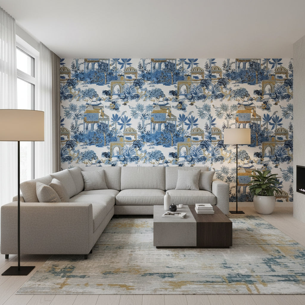 Mystic Garden Blue and White | Thibaut Wallcoverings - Living Room Visualization (AI-generated, may not be to scale. Verify pattern scale with product specifications.)