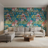 Mystic Garden Teal | Thibaut Wallcoverings - Living Room Visualization (AI-generated, may not be to scale. Verify pattern scale with product specifications.)