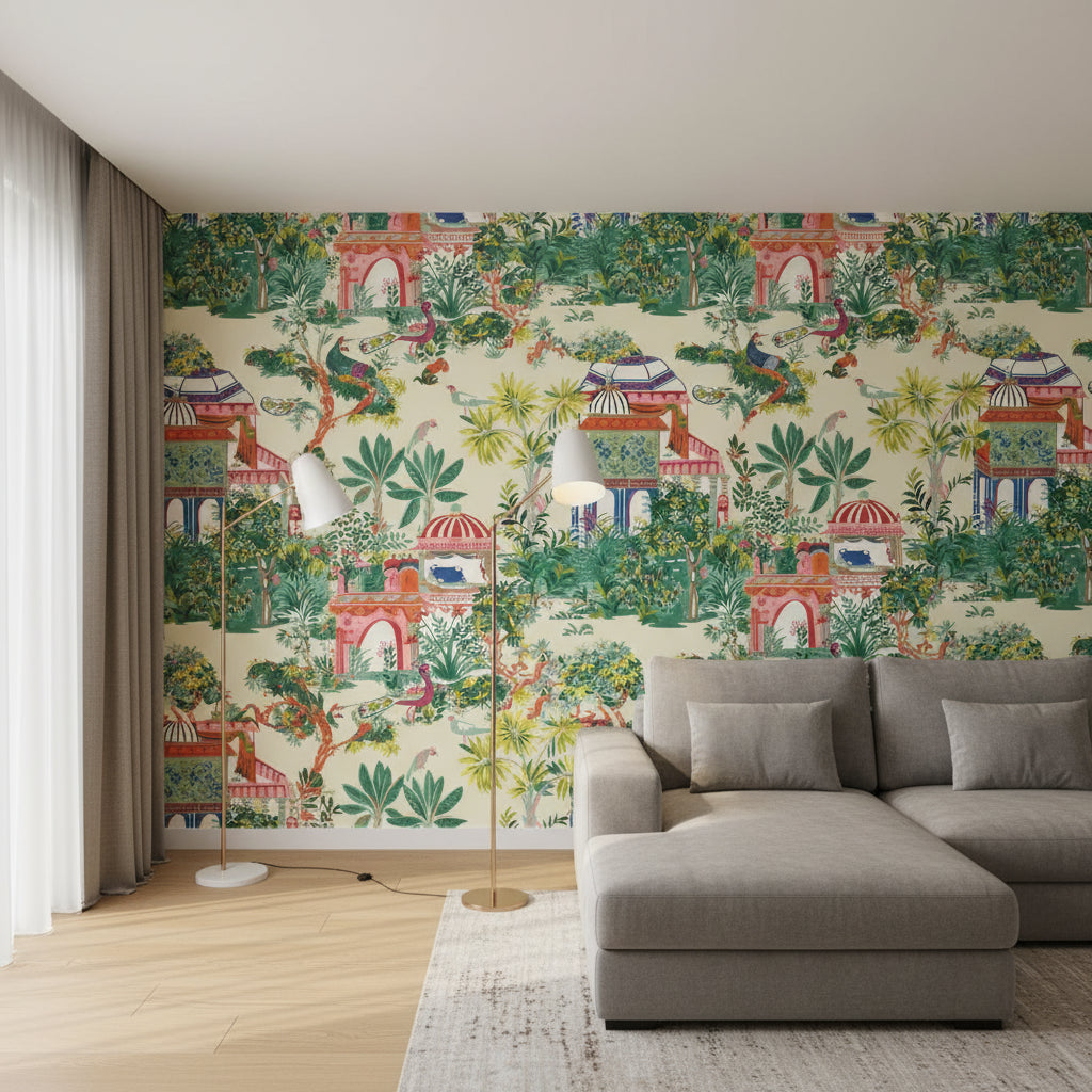 Mystic Garden Cream | Thibaut Wallcoverings - Living Room Visualization (AI-generated, may not be to scale. Verify pattern scale with product specifications.)