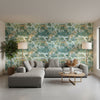 Mystic Garden Spa Blue | Thibaut Wallcoverings - Living Room Visualization (AI-generated, may not be to scale. Verify pattern scale with product specifications.)