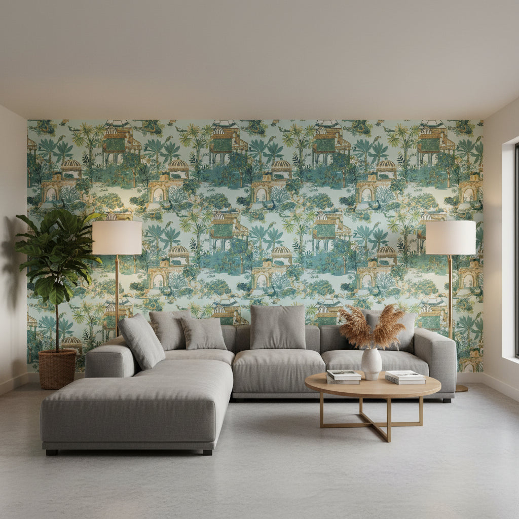 Mystic Garden Spa Blue | Thibaut Wallcoverings - Living Room Visualization (AI-generated, may not be to scale. Verify pattern scale with product specifications.)