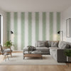 Nola Stripe Green | Thibaut Wallcoverings - Living Room Visualization (AI-generated, may not be to scale. Verify pattern scale with product specifications.)