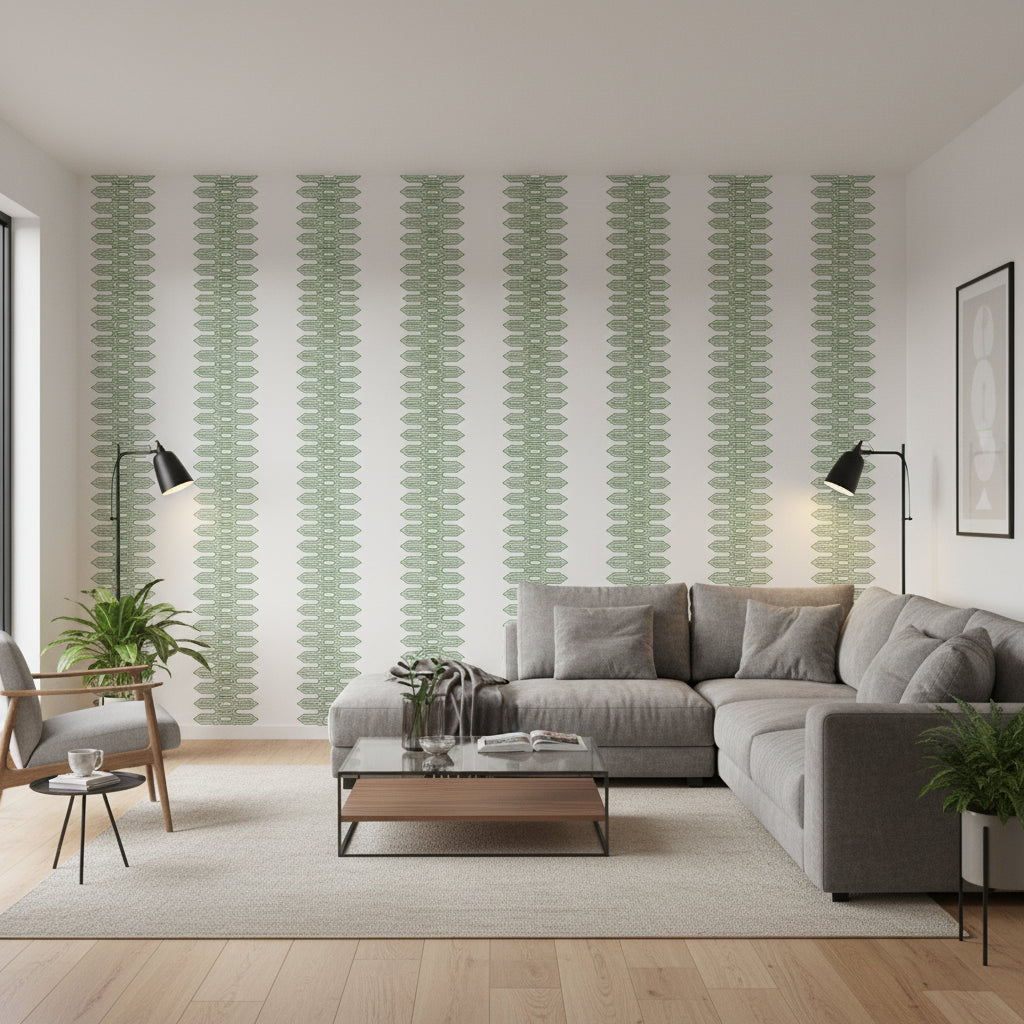 Nola Stripe Green | Thibaut Wallcoverings - Living Room Visualization (AI-generated, may not be to scale. Verify pattern scale with product specifications.)