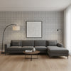 Nola Stripe Black | Thibaut Wallcoverings - Living Room Visualization (AI-generated, may not be to scale. Verify pattern scale with product specifications.)