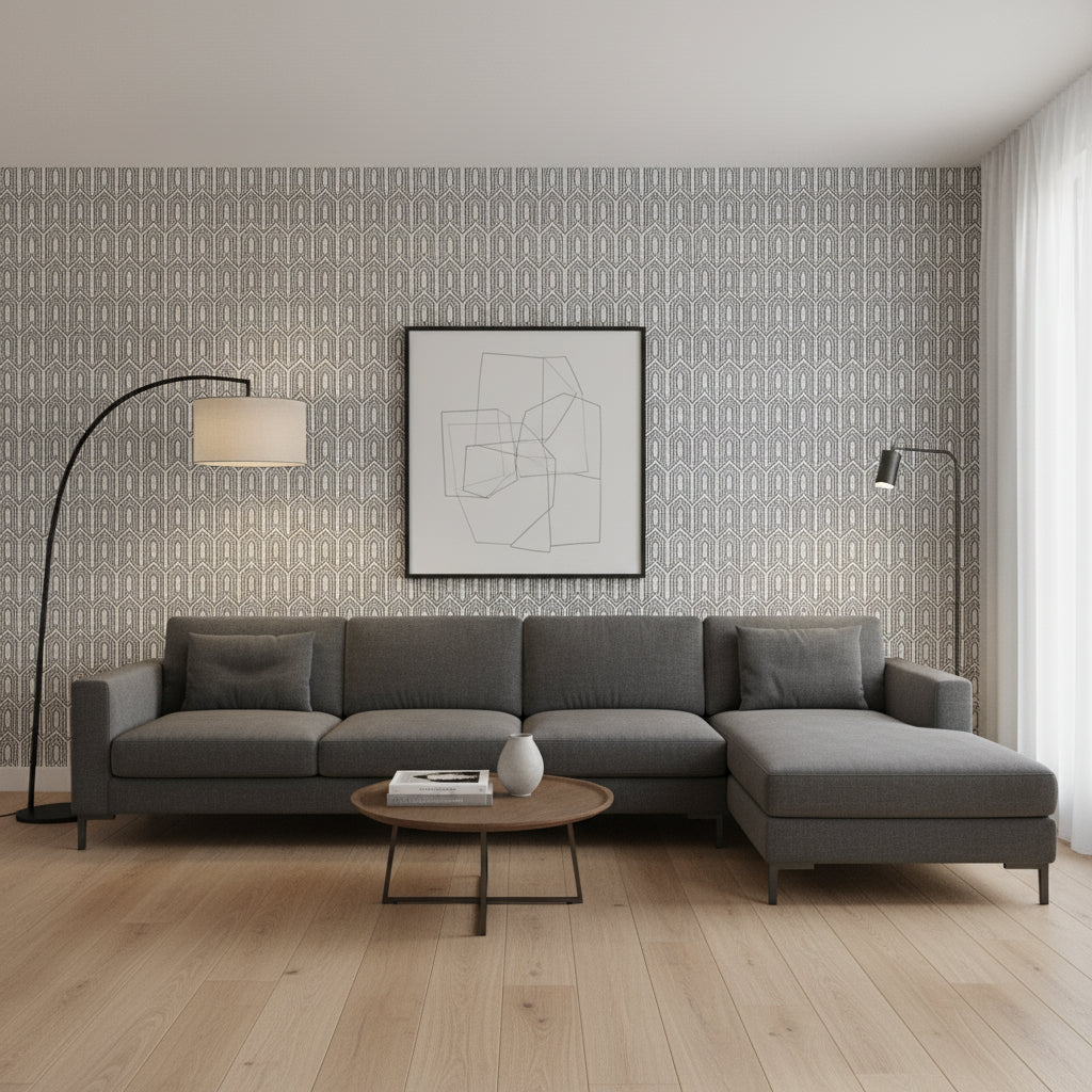 Nola Stripe Black | Thibaut Wallcoverings - Living Room Visualization (AI-generated, may not be to scale. Verify pattern scale with product specifications.)