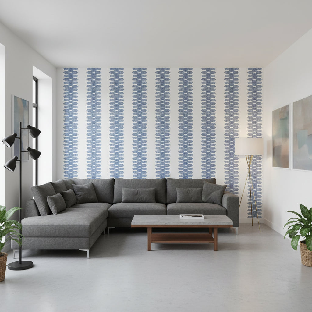 Nola Stripe Navy | Thibaut Wallcoverings - Living Room Visualization (AI-generated, may not be to scale. Verify pattern scale with product specifications.)