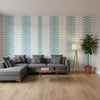 Nola Stripe Aqua | Thibaut Wallcoverings - Living Room Visualization (AI-generated, may not be to scale. Verify pattern scale with product specifications.)