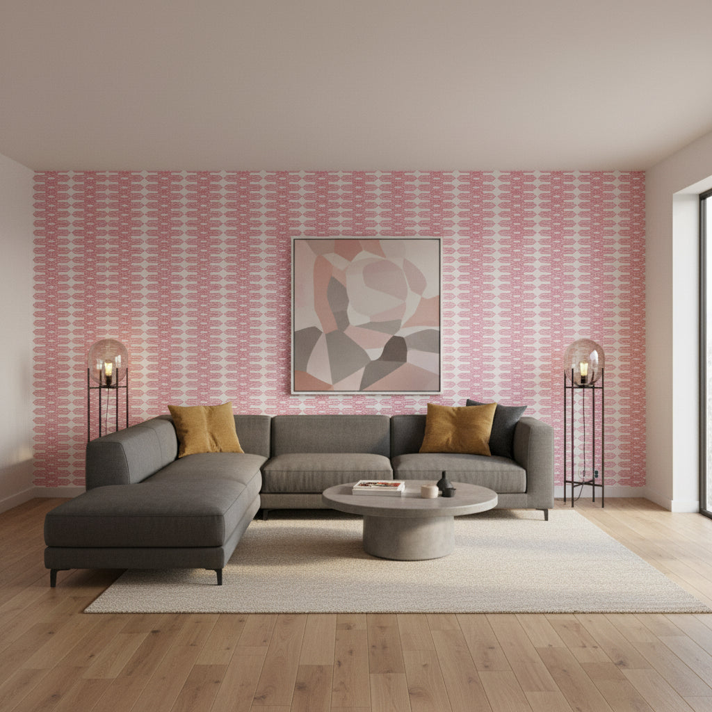 Nola Stripe Pink | Thibaut Wallcoverings - Living Room Visualization (AI-generated, may not be to scale. Verify pattern scale with product specifications.)