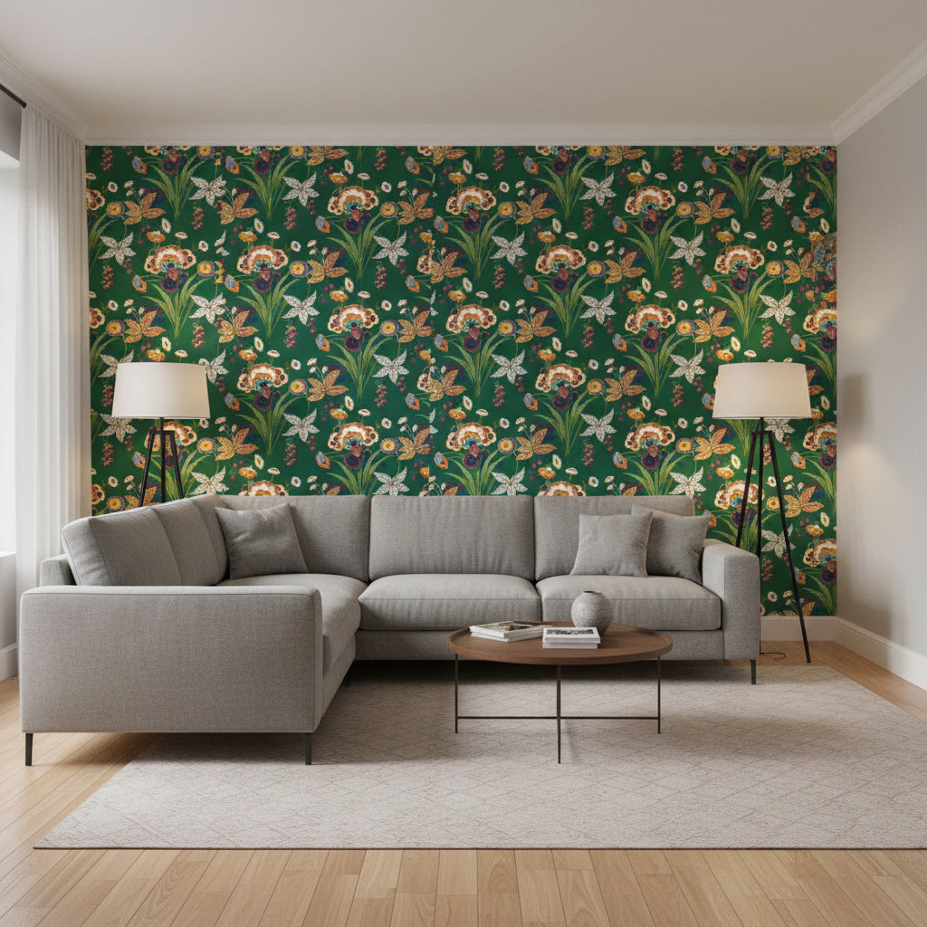 Pasadena Emerald | Thibaut Wallcoverings - Living Room Visualization (AI-generated, may not be to scale. Verify pattern scale with product specifications.)