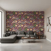 Pasadena Plum | Thibaut Wallcoverings - Living Room Visualization (AI-generated, may not be to scale. Verify pattern scale with product specifications.)
