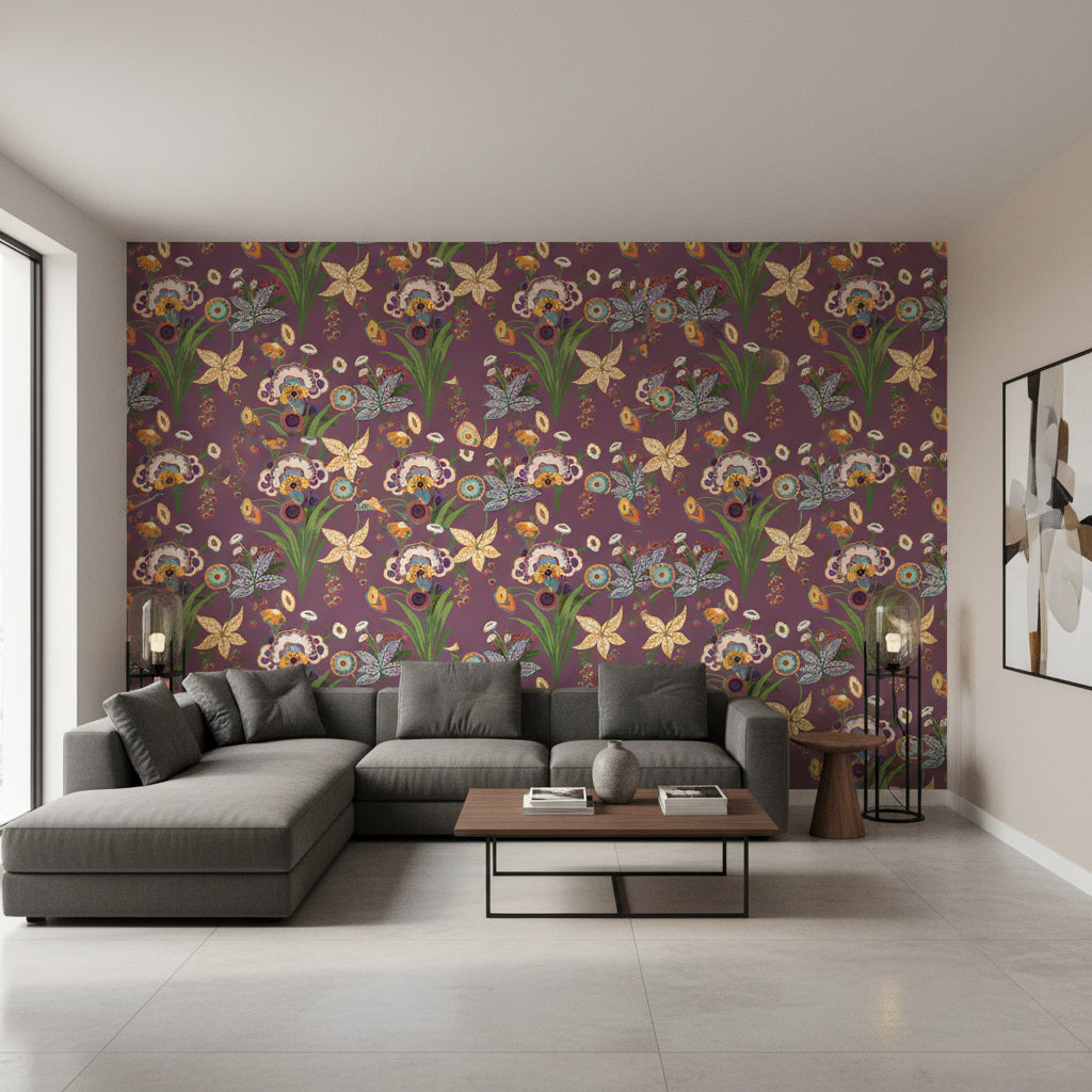 Pasadena Plum | Thibaut Wallcoverings - Living Room Visualization (AI-generated, may not be to scale. Verify pattern scale with product specifications.)
