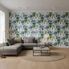 Pasadena Blue and Green | Thibaut Wallcoverings - Living Room Visualization (AI-generated, may not be to scale. Verify pattern scale with product specifications.)