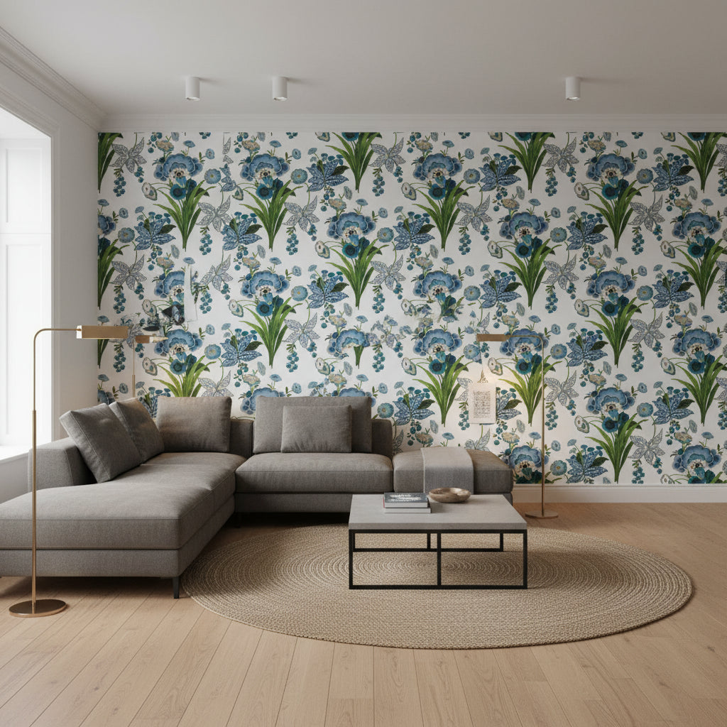 Pasadena Blue and Green | Thibaut Wallcoverings - Living Room Visualization (AI-generated, may not be to scale. Verify pattern scale with product specifications.)