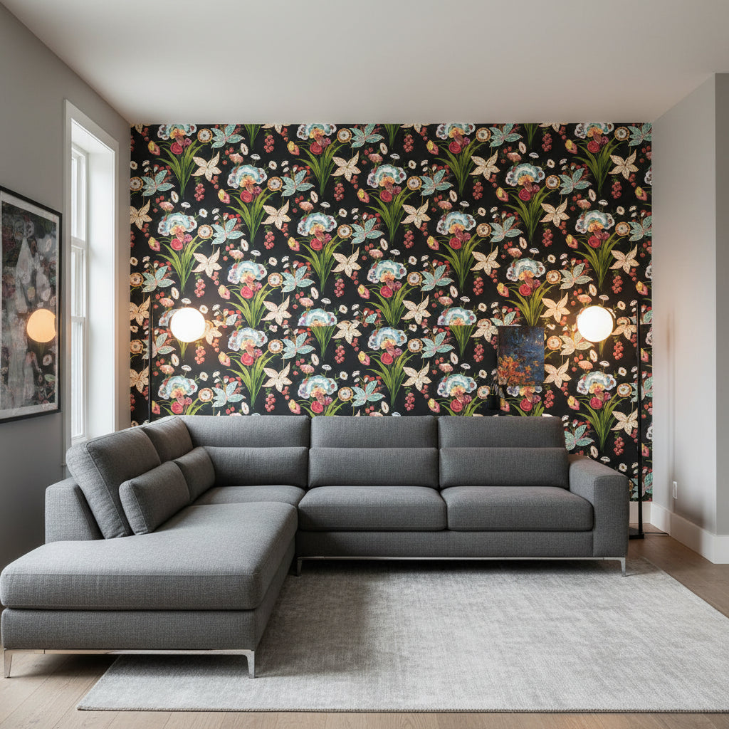 Pasadena Black | Thibaut Wallcoverings - Living Room Visualization (AI-generated, may not be to scale. Verify pattern scale with product specifications.)