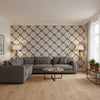 Austin Diamond Brown | Thibaut Wallcoverings - Living Room Visualization (AI-generated, may not be to scale. Verify pattern scale with product specifications.)