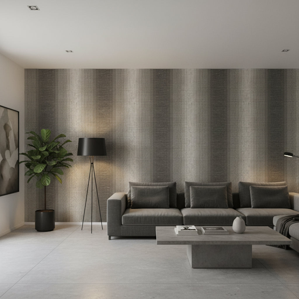 Bozeman Stripe Black | Thibaut Wallcoverings - Living Room Visualization (AI-generated, may not be to scale. Verify pattern scale with product specifications.)