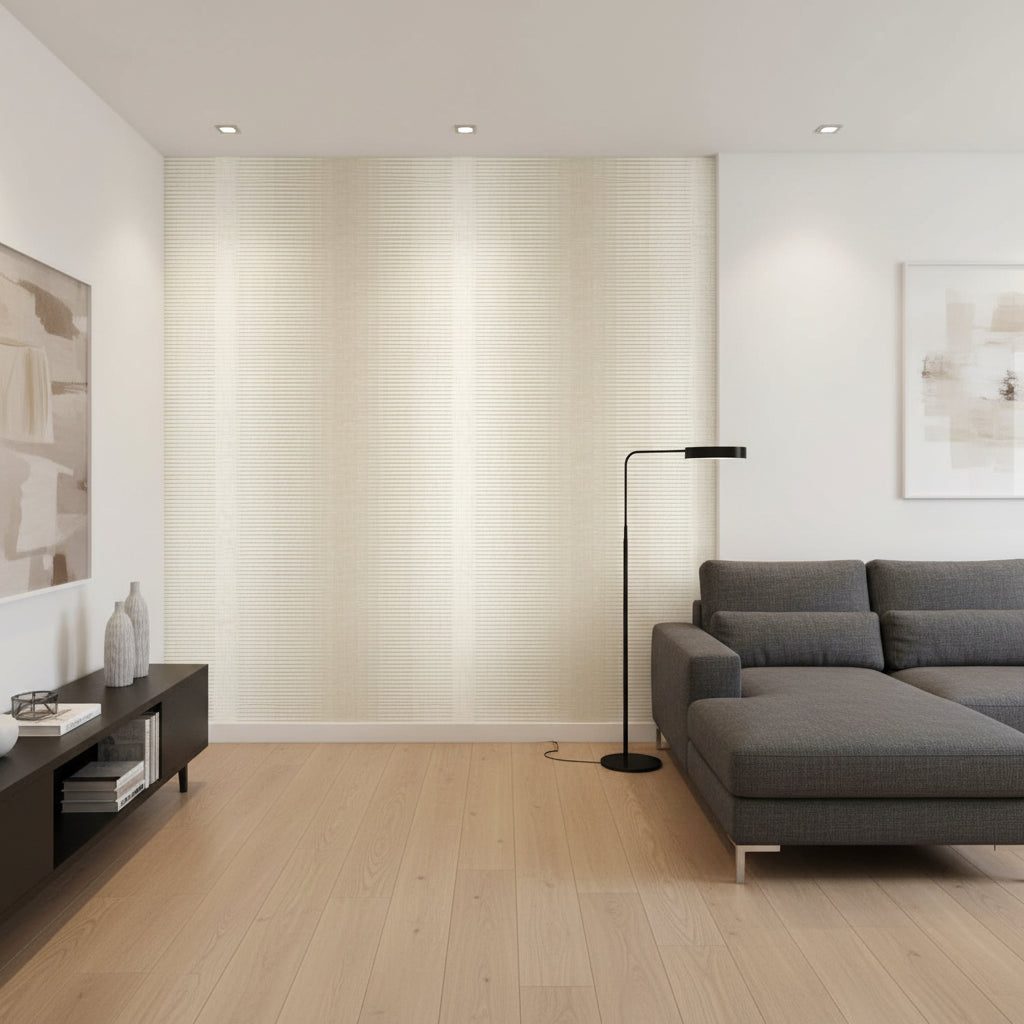 Bozeman Stripe Beige | Thibaut Wallcoverings - Living Room Visualization (AI-generated, may not be to scale. Verify pattern scale with product specifications.)