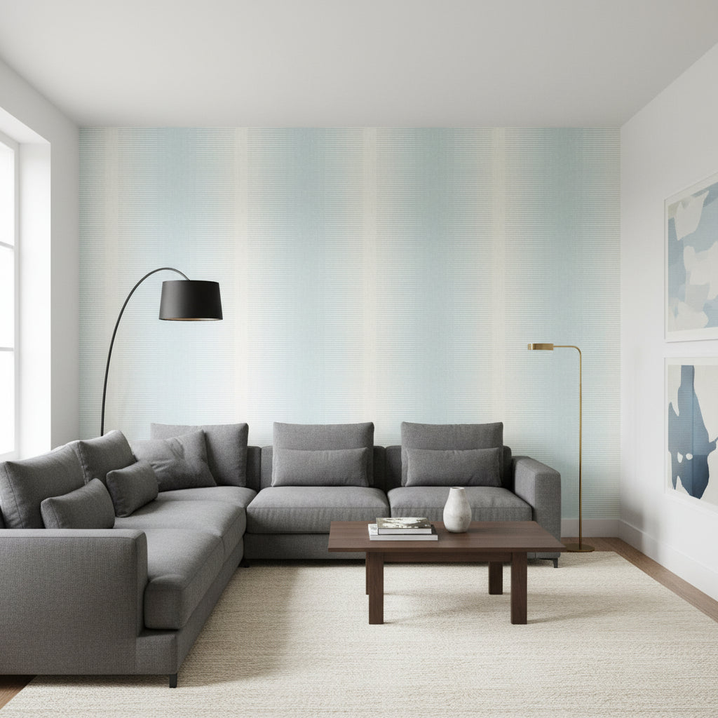 Bozeman Stripe Spa Blue | Thibaut Wallcoverings - Living Room Visualization (AI-generated, may not be to scale. Verify pattern scale with product specifications.)