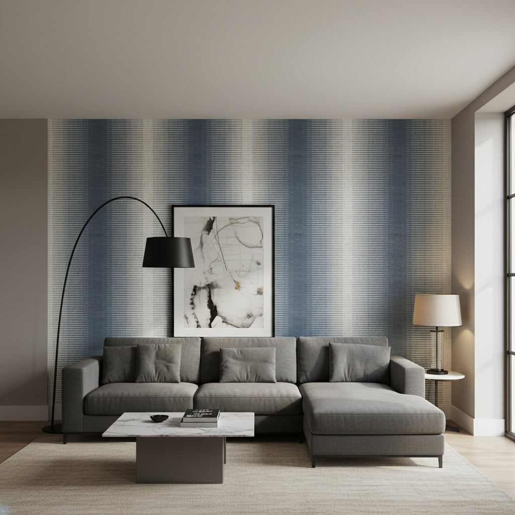 Bozeman Stripe Navy | Thibaut Wallcoverings - Living Room Visualization (AI-generated, may not be to scale. Verify pattern scale with product specifications.)