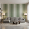 Bozeman Stripe Green | Thibaut Wallcoverings - Living Room Visualization (AI-generated, may not be to scale. Verify pattern scale with product specifications.)
