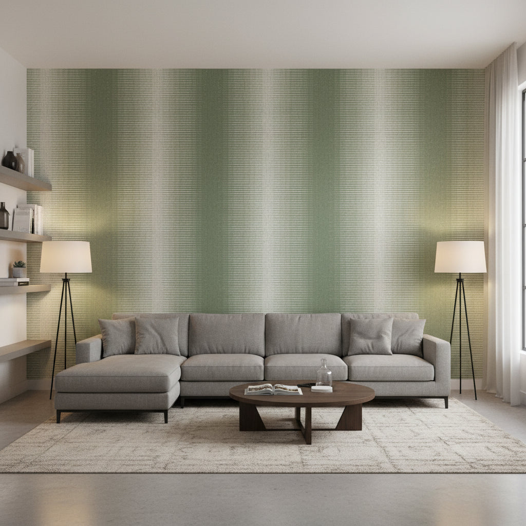 Bozeman Stripe Green | Thibaut Wallcoverings - Living Room Visualization (AI-generated, may not be to scale. Verify pattern scale with product specifications.)