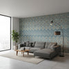 High Plains Bluestone | Thibaut Wallcoverings - Living Room Visualization (AI-generated, may not be to scale. Verify pattern scale with product specifications.)