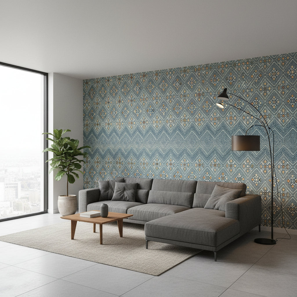High Plains Bluestone | Thibaut Wallcoverings - Living Room Visualization (AI-generated, may not be to scale. Verify pattern scale with product specifications.)