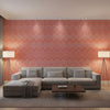 High Plains Coral | Thibaut Wallcoverings - Living Room Visualization (AI-generated, may not be to scale. Verify pattern scale with product specifications.)