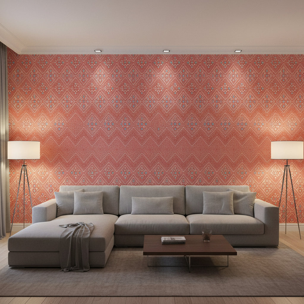 High Plains Coral | Thibaut Wallcoverings - Living Room Visualization (AI-generated, may not be to scale. Verify pattern scale with product specifications.)