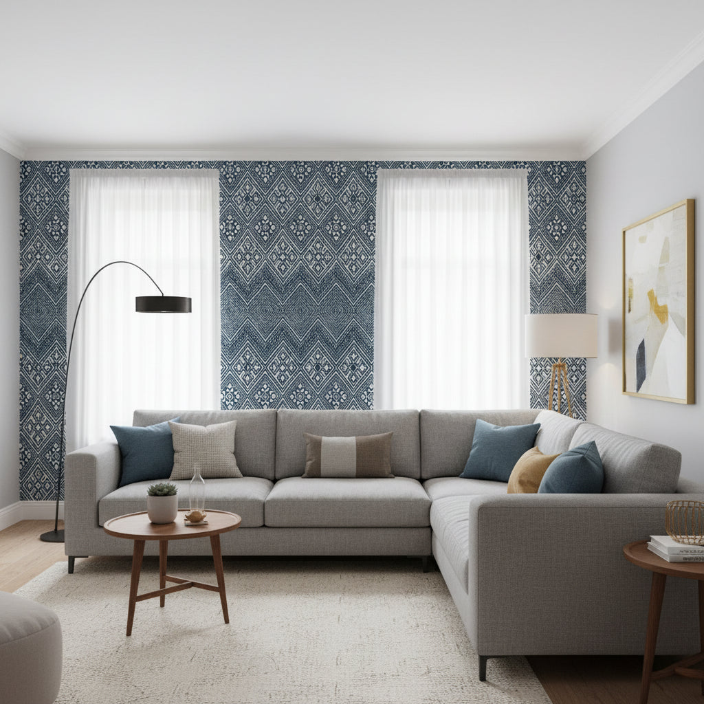 High Plains Navy and White | Thibaut Wallcoverings - Living Room Visualization (AI-generated, may not be to scale. Verify pattern scale with product specifications.)