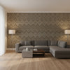 High Plains Brown | Thibaut Wallcoverings - Living Room Visualization (AI-generated, may not be to scale. Verify pattern scale with product specifications.)