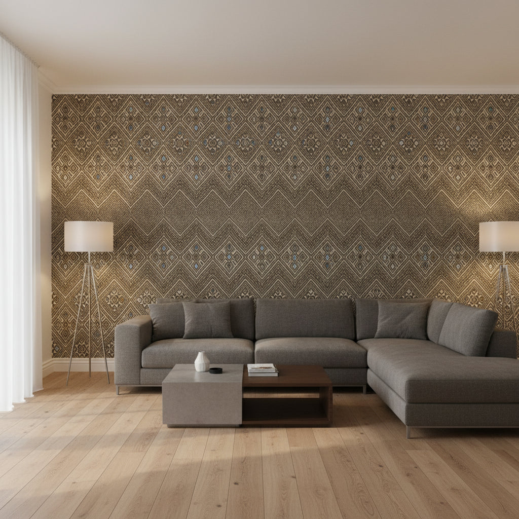 High Plains Brown | Thibaut Wallcoverings - Living Room Visualization (AI-generated, may not be to scale. Verify pattern scale with product specifications.)
