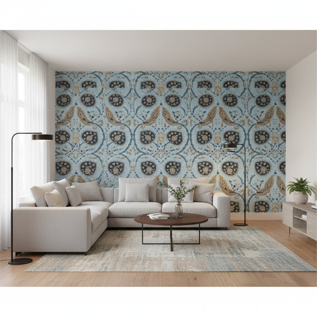 Lewis Mineral Blue | Thibaut Wallcoverings - Living Room Visualization (AI-generated, may not be to scale. Verify pattern scale with product specifications.)