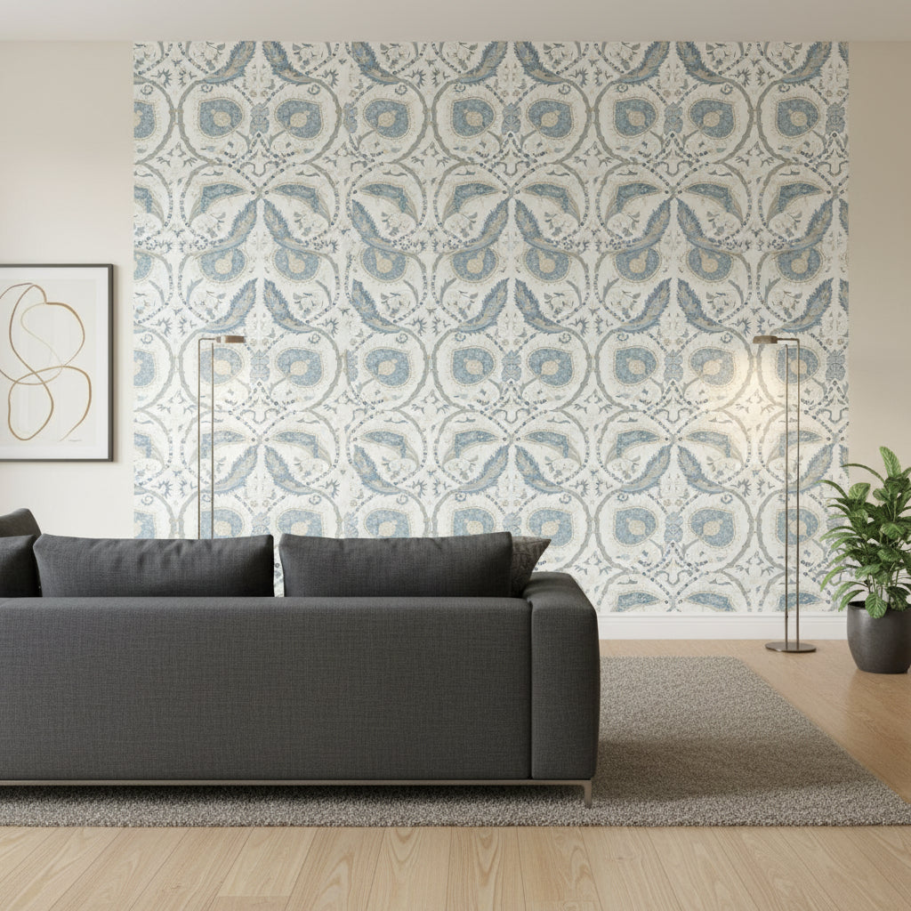 Lewis Spa Blue | Thibaut Wallcoverings - Living Room Visualization (AI-generated, may not be to scale. Verify pattern scale with product specifications.)