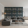 Lewis Charcoal and Bluestone | Thibaut Wallcoverings - Living Room Visualization (AI-generated, may not be to scale. Verify pattern scale with product specifications.)