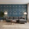 Lewis Navy and Teal | Thibaut Wallcoverings - Living Room Visualization (AI-generated, may not be to scale. Verify pattern scale with product specifications.)