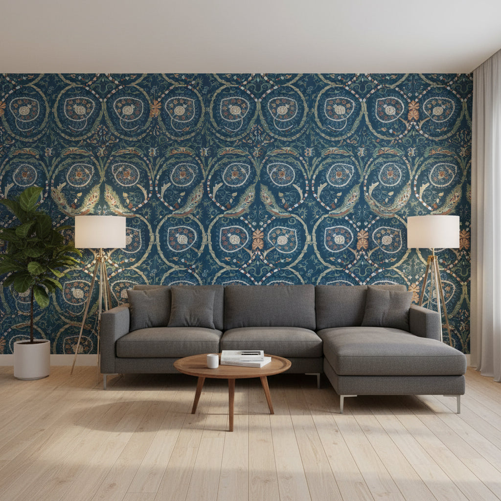 Lewis Navy and Teal | Thibaut Wallcoverings - Living Room Visualization (AI-generated, may not be to scale. Verify pattern scale with product specifications.)