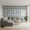 Lewis Blue and Beige | Thibaut Wallcoverings - Living Room Visualization (AI-generated, may not be to scale. Verify pattern scale with product specifications.)
