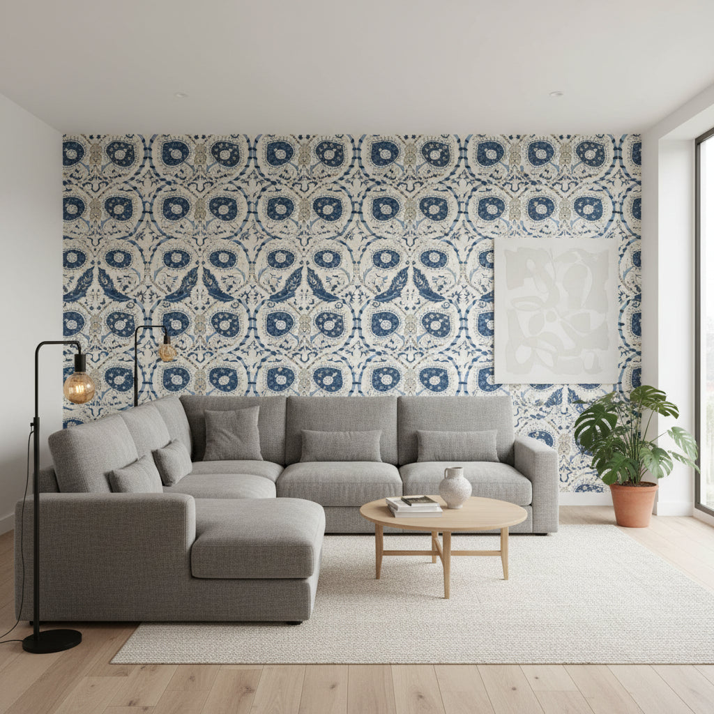 Lewis Blue and Beige | Thibaut Wallcoverings - Living Room Visualization (AI-generated, may not be to scale. Verify pattern scale with product specifications.)