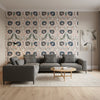 Lewis Coral and Blue | Thibaut Wallcoverings - Living Room Visualization (AI-generated, may not be to scale. Verify pattern scale with product specifications.)