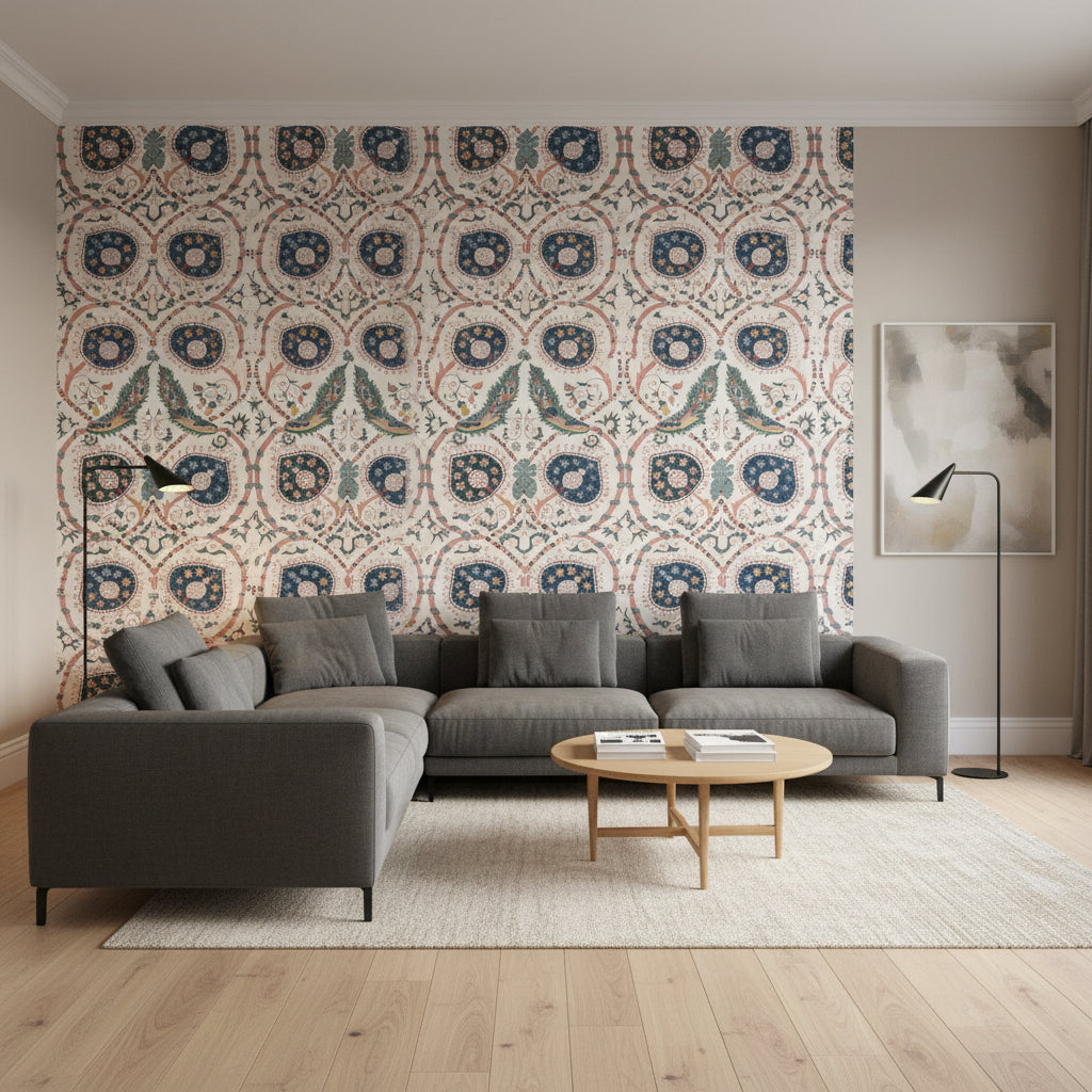 Lewis Coral and Blue | Thibaut Wallcoverings - Living Room Visualization (AI-generated, may not be to scale. Verify pattern scale with product specifications.)