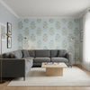 Lily Flower Spa Blue | Thibaut Wallcoverings - Living Room Visualization (AI-generated, may not be to scale. Verify pattern scale with product specifications.)