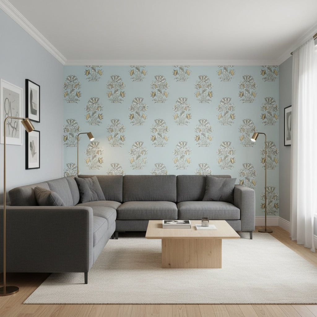Lily Flower Spa Blue | Thibaut Wallcoverings - Living Room Visualization (AI-generated, may not be to scale. Verify pattern scale with product specifications.)