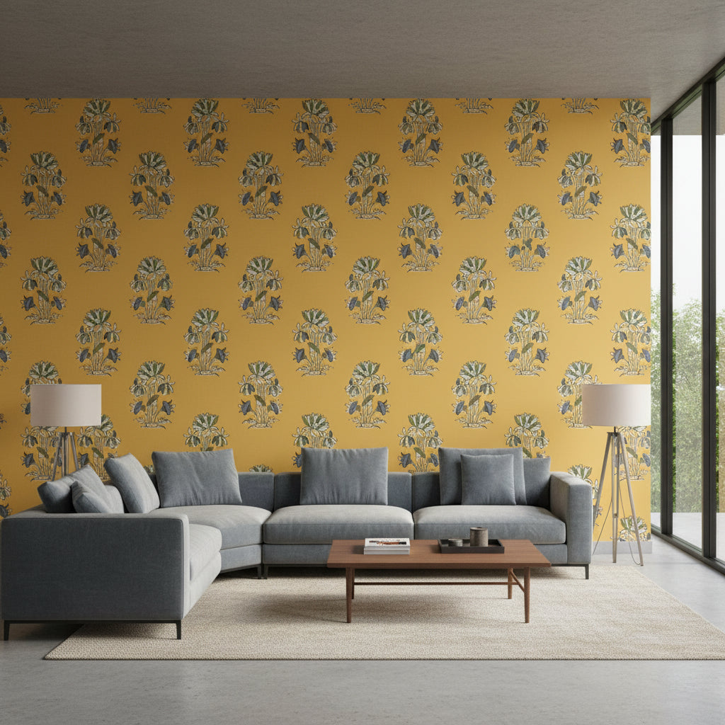 Lily Flower Harvest Gold | Thibaut Wallcoverings - Living Room Visualization (AI-generated, may not be to scale. Verify pattern scale with product specifications.)