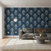 Lily Flower Navy | Thibaut Wallcoverings - Living Room Visualization (AI-generated, may not be to scale. Verify pattern scale with product specifications.)