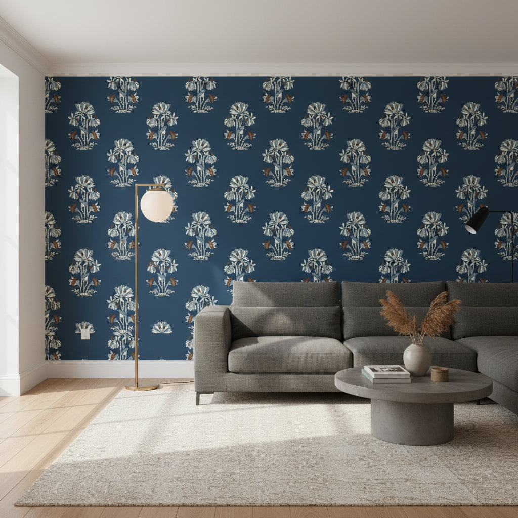 Lily Flower Navy | Thibaut Wallcoverings - Living Room Visualization (AI-generated, may not be to scale. Verify pattern scale with product specifications.)
